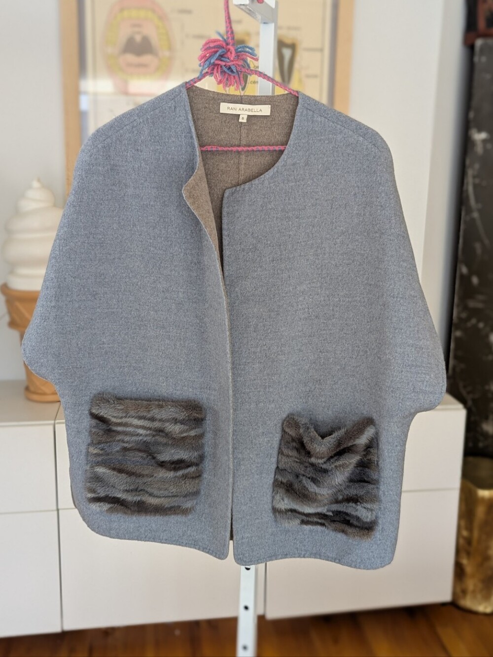 Soft Blue And Beige Reversible Mink Fur Pocket Cape Jacket with Faux Fur Pockets